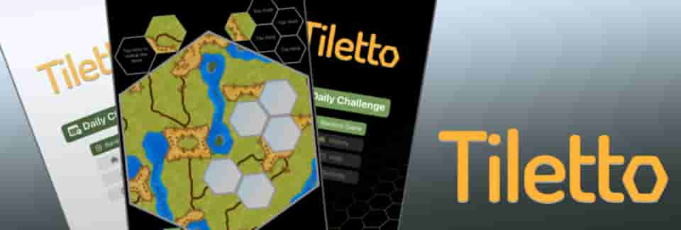 Three mocked up phones showing different screens from a game and the name Tiletto